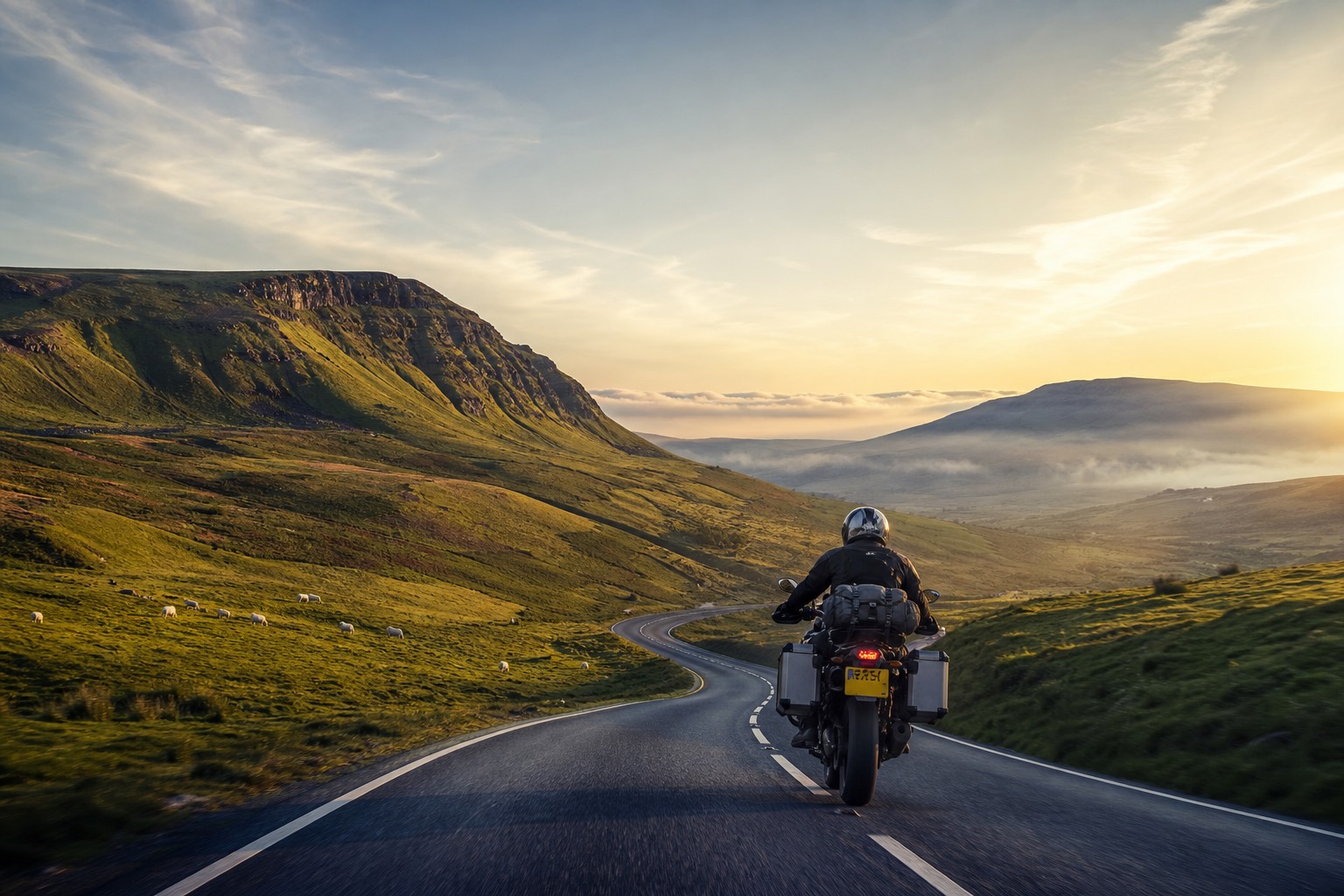 Motorcyclist riding a sweeping mountain road at sunset in the Brecon Beacons, Wales
