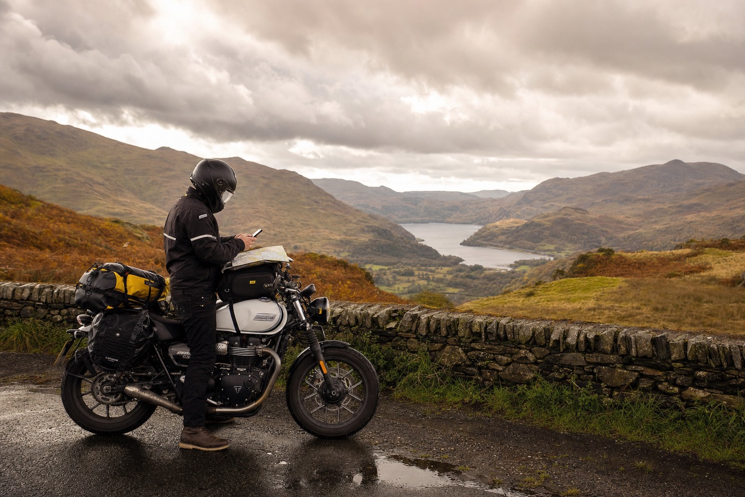 Rider planning a route at a Welsh mountain viewpoint overlooking a lake